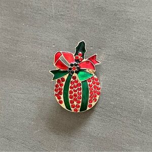 Christmas Ornament Red & Green Enamel Rhinestone Holiday Tree Festive Pin Brooch